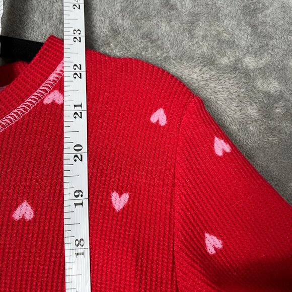 Laura Ashley Heart Print Pajama Set Women’s M Red Waffle Knit Y2K Cozy Valentine - Picture 7 of 16